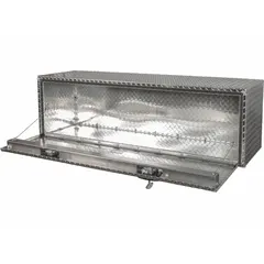 This single drop-down door box is designed for underbody mounting on service trucks, utility vehicles, and work trucks. It provides lockable storage for tools, parts, and equipment, protecting contents from weather and theft. The box features a keyed lock and a silver finish.