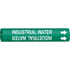 Green pipe marker with white legend reading 'Industrial Water' and directional arrows. Fits pipe outer diameters from 3/4 to 1-3/8 inches. Used to identify industrial water lines in facility piping systems.