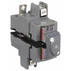 Two-pole miniature circuit breaker rated 15 A at 120/240V AC with a 10kA interrupting capacity. Measures 1.5 in wide. Designed for overcurrent protection in residential and light commercial electrical panels, compatible with Pushmatic and Bulldog load centers.