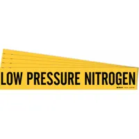 Yellow adhesive pipe marker with black legend text reading 'Low Pressure Nitrogen'. Designed for pipe outer diameters of 8 inches and larger. Supplied in a 5-pack without directional arrows. Used to identify low pressure nitrogen lines in industrial piping systems