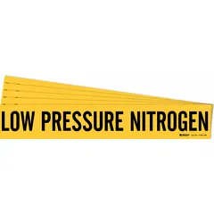 Yellow adhesive pipe marker with black legend text reading 'Low Pressure Nitrogen'. Designed for pipe outer diameters of 8 inches and larger. Supplied in a 5-pack without directional arrows. Used to identify low pressure nitrogen lines in industrial piping systems.
