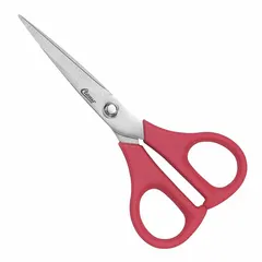 These 5-inch plastic-handle scissors feature straight, pointed stainless steel blades and a red handle. Suitable for general cutting tasks on paper, fabric, and light materials in industrial, office, or craft settings.