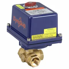 This L-port brass ball valve is electrically actuated for automated flow control. It features an actuator with thermal overload protection and an ISO 5211 mounting pad. Suitable for diverting or mixing flow in industrial fluid systems, HVAC, and water treatment applications.