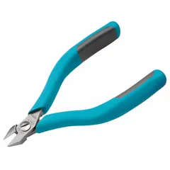 ESD-safe diagonal-cutting pliers with flush-cut, pointed jaws (1/2 in jaw length, 1/4 in jaw width) and 6 in overall length. Insulated handles and spring-return mechanism. Suitable for cutting medium-hard wire in electronics assembly and industrial maintenance.
