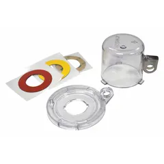 This clear removable-cover lockout device is designed to isolate push-button controls during maintenance and lockout/tagout procedures. It accommodates push buttons with a maximum diameter of 0.89 inches. Typical applications include industrial machinery and equipment where push-button actuators need to be secured against accidental operation.