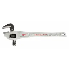 This offset pipe wrench from MILWAUKEE has an 18 in overall length and a 2 in jaw capacity. The serrated jaw provides a secure grip on pipes, while the ergonomic design improves comfort during use. It is commonly used for turning pipes in confined or offset spaces in plumbing and mechanical work.