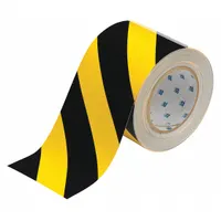 Floor Marking Tape: Gen Purpose, Striped, Black/Yellow, 4 in x 100 ft, 8 mil Tape Thick (MPN 104377)