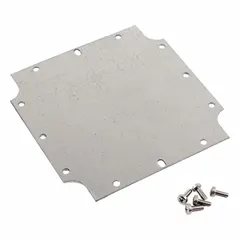 Galvanized steel interior mounting panel for use as a back panel within enclosures. Provides a mounting surface for electrical components, controls, or instrumentation. Overall height 4.24 inches, overall width 4.21 inches.