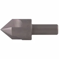 This three-flute countersink creates a 60° conical recess for flathead screws. It is made of AlTiN-coated cobalt for heat resistance and extended tool life. The tool has a 1 1/2 in body diameter and a 3/4 in shank. Typical applications include deburring and chamfering holes in metalworking.