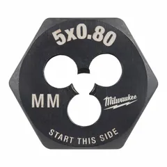 This solid hex rethreading die is made of black oxide carbon steel with a 1 in hex width and M5x0.8 metric thread. It is used to rethread or clean damaged external threads on bolts, studs, or rods in maintenance, repair, and fabrication applications.
