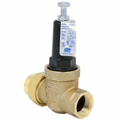 Cast bronze water pressure regulator with 3/4 in FNPT connections, adjustable from 25 to 75 psi. Single union design facilitates installation and servicing. Low-lead compliant for potable water systems. Used to reduce and stabilize incoming water pressure in plumbing systems.