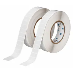 This precut label roll consists of 1/2 in x 1 in polyimide labels with a white gloss finish. Each roll contains 5,000 labels designed for use with THT printer series. The polyimide material offers resistance to high temperatures and chemicals, making these labels suitable for industrial identification and tracking applications such as circuit board labeling and asset tags.