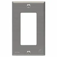 This LEVITON wall plate is a cleanroom-rated gasketed model designed for environments requiring contamination control. It is made of stainless steel and accommodates a decorator-rocker switch or receptacle in a standard 1-gang configuration. The gasket seal helps maintain cleanroom integrity