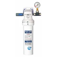The ICE-O-MATIC IFQ1 is a carbon-based water filtration system for ice machines, designed to reduce scale buildup. It features a 0.5 micron filtration rating and a flow rate of 1.5 gpm, with an overall height of 15 inches. Suitable for commercial ice-making applications to help maintain ice quality and equipment efficiency.