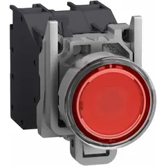 Momentary illuminated push button operator from the XB4 series with a metallic flush profile. Features a 1NC contact configuration and is rated 6 A at 120 V AC and 0.27 A at 250 V DC. Suitable for control panel and industrial machinery applications requiring momentary actuation with visual indication.
