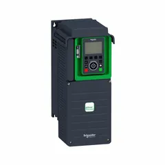 Three-phase output variable frequency drive from the Altivar ATV900 series. Rated 15 hp with IP21 enclosure and no bypass. Compact black/green design for industrial motor speed control in applications such as conveyors, pumps, and fans.