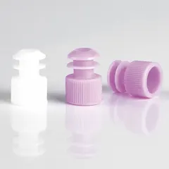 This white polyethylene flange plug cap seals 12 mm diameter openings on laboratory vials and containers. It is unlined and non-vented, suitable for general-purpose storage or transport of dry samples where a tight, non-reactive closure is needed.