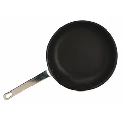Aluminum non-stick fry pan with a 12 1/2-inch top diameter, silver body, and chrome riveted handle. NSF certified for commercial kitchen use. Suitable for cooking eggs, pancakes, and sautéed items requiring easy release and quick cleaning.