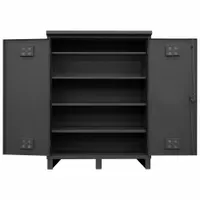 This stationary welded-steel cabinet is finished with gray powder coating and includes four adjustable shelves. It features a swing handle with padlock hasp for security and is mounted on legs. Suitable for outdoor industrial storage of tools, parts, and supplies in warehouses, workshops, and similar environments