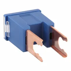 Blue cartridge-style male fast-acting fuse rated 100 A at 32 V DC. Part of the FLM Series, designed for overcurrent protection in automotive electrical systems, such as battery, alternator, and high-current accessory circuits.