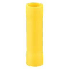 Yellow vinyl-insulated butt splice connector for joining two wires end-to-end. Accepts wire sizes 12 AWG to 10 AWG, rated 600 volts. Pack of 50. Suitable for permanent splices in electrical systems requiring insulation and strain relief.