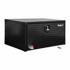 This single drop-down door box is designed for underbody truck mounting, providing secure storage for tools and equipment. The black finish and keyed lock offer protection against unauthorized access. Suitable for service trucks, utility fleets, and industrial vehicles requiring organized, lockable storage.