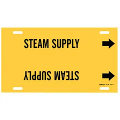 Yellow strap-on pipe marker with black legend 'Steam Supply' and directional arrows. Fits pipe outer diameters of 10 to 15 inches. Used to identify steam supply lines in industrial piping systems, aiding in maintenance and safety.