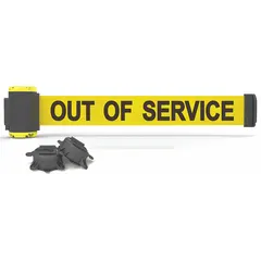 This magnetic-mount retractable belt barrier features a 7 ft yellow belt with black ends and a black housing. Designed for maintenance and cleaning messaging applications, it mounts securely on metal surfaces to cordon off restricted areas in industrial environments.
