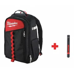 Polyester tool backpack in black with red accents. Measures 14 inches wide by 18 inches high. Features 18 inside pockets and a load-bearing harness for organized tool transport on job sites.