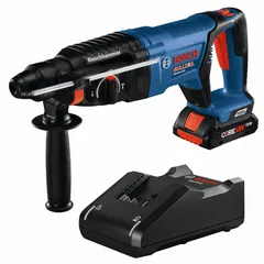 18V DC cordless rotary hammer with D-handle, SDS-Plus chuck, 2 5/8 in max capacity, 1.9 ft-lb impact energy, and variable speed up to 4,350 bpm. Includes 8.0 Ah battery and charger. Suitable for drilling and chiseling in concrete, masonry, and stone for anchor installation, through-holes, and light demolition.