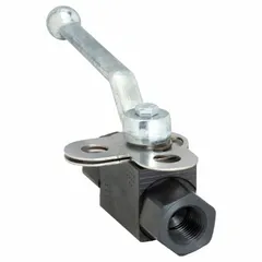 This manual two-way ball valve features a 1/4 in carbon steel straight body with FNPT x FNPT connections and a locking lever handle. It is used for on/off flow control in industrial piping systems, including hydraulic, pneumatic, and general process applications.