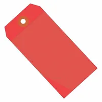 Red vinyl self-laminating tags measuring 4 3/4 inches high by 2 3/8 inches wide. The self-laminating design protects written information from moisture, abrasion, and handling. Suitable for labeling shipments, equipment, or inventory in warehouses, manufacturing plants, and logistics operations. Pack of 100