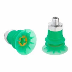This bellows type vacuum pad assembly features 2.5 folds and a 42 mm pad diameter, with a 1/4 in NPT vacuum port. The green assembly is designed for low-fill applications and is food-safe. Typical uses include automated handling of delicate or irregular surfaces in packaging and pick-and-place operations.