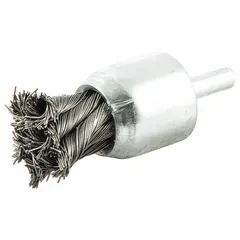 This twisted steel end brush is designed for heavy cleaning and deburring on carbon steel surfaces. With a 1 in diameter, 0.014 in fill diameter, and 1/4 in shank, it reaches into corners, slots, and recesses for weld preparation, rust removal, and surface finishing.