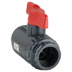 PVC ball valve with full port design for minimal pressure drop. Straight tee configuration with socket x socket ends for solvent-cement joining. Suitable for on/off flow control in industrial piping systems handling corrosive fluids.