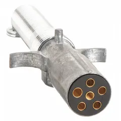This 6-way electrical plug is constructed of plastic and includes integrated cables and a spring guard. It is used for connecting lighting and auxiliary circuits on trailers, trucks, and heavy equipment in fleet and vehicle maintenance applications.