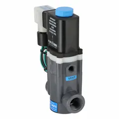 This 2-way, 2-position normally closed solenoid valve from PLAST-O-MATIC is designed for inline installation with a 1/2 in pipe size. It operates at 120V AC and features a watertight coil enclosure. Typical applications include fluid control in chemical processing, water treatment, and industrial automation systems.