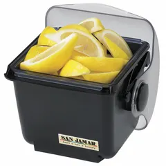 Single-compartment condiment bar with 1 qt capacity, made of high-impact plastic. Includes a lid for freshness. Overall height 8 1/4 in, width 7 1/2 in. NSF certified. Suitable for serving condiments, sauces, or toppings at foodservice stations.