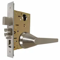 Storeroom lever lockset with ANSI F07 function, allowing key-only entry from outside and free egress from inside. Constructed with a stainless steel SS19 lever in satin finish, it is ADA compliant and ligature-resistant, suitable for commercial and institutional doors where safety and accessibility are required