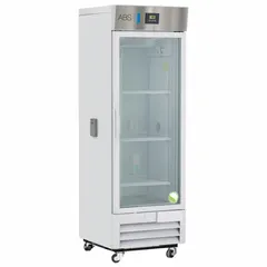 This upright chromatography refrigerator provides a temperature range of 1°C to 10°C for storing temperature-sensitive samples, reagents, and chromatography media. It features a white swing glass door that opens to the right, a temperature alarm, and uses R-290 refrigerant. Suitable for laboratory environments requiring stable cooling for chromatography applications.