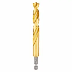 This 1/2" hex shank drill bit features a TiN-coated high-speed steel construction with a 135° split point to reduce walking and improve cutting efficiency. Impact rated for use with impact drivers, it is suited for drilling into metal, wood, and plastic in industrial applications.