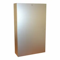 This 316 stainless steel enclosure measures 60 x 36 x 12 inches and is rated NEMA 12/13/3R/4/4X for indoor or outdoor use where protection against dust, water, and corrosion is required. It features a hinged door with a 1/4-turn latch and does not include knockouts. Suitable for housing electrical controls, instruments, and wiring in industrial environments.