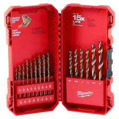 This 23-piece set includes cobalt jobber-length drill bits ranging from 1/16" to 3/8". Each bit features a 135° split-point for reduced walking and a 3-flats shank to prevent slipping in the chuck. Suitable for drilling hard metals in maintenance, fabrication, and production applications.