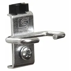 Steel tool holder with zinc-plated silver finish for organizing pliers and wrenches on square-hole pegboard. Includes five hooks and bolts for screw-in surface mounting. Dimensions: 1/2 in x 1 31/32 in x 2 in.