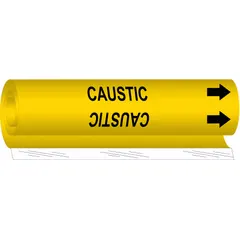 Yellow wrap-around pipe marker with black 'Caustic' legend and directional arrows. Fits pipe outer diameters from 1-1/2 to 2-3/8 inches. Used to identify pipes carrying caustic substances in industrial piping systems.