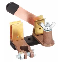 Top-post knife-blade battery disconnect switch with negative polarity, rated for 12V systems. Copper contacts provide low resistance for high current applications. Used to isolate a battery from the circuit to prevent parasitic drain or during maintenance on vehicles and equipment.