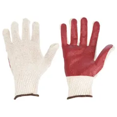 Smooth PVC palm coating on a red 7-gauge cotton knit liner. Full-finger design with palm-dipped coverage. Latex-free. Suitable for general material handling, assembly, and light industrial tasks in dry environments.