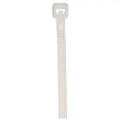 Natural nylon cable ties for indoor bundling and organizing wires and cables. Each tie has an 8-inch nominal length, 0.1-inch width, and 2-inch maximum bundle diameter. Suitable for light-duty industrial, electrical, and maintenance applications. Sold in packs of 1,000.