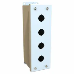 Carbon steel enclosure for 22mm operators with four holes. Rated NEMA 12/13 for indoor protection against dust and water droplets. Suitable for mounting push buttons, pilot lights, and selector switches in industrial control applications.