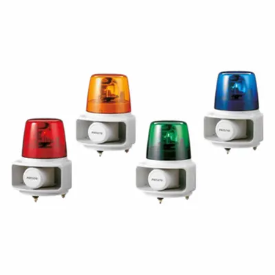 PATLITE Audible Alarms: 24V DC, 10 1/4 in Overall Lg, 6 3/8 in Overall Dia, Incandescent - Tone Alarms with Rotating Light